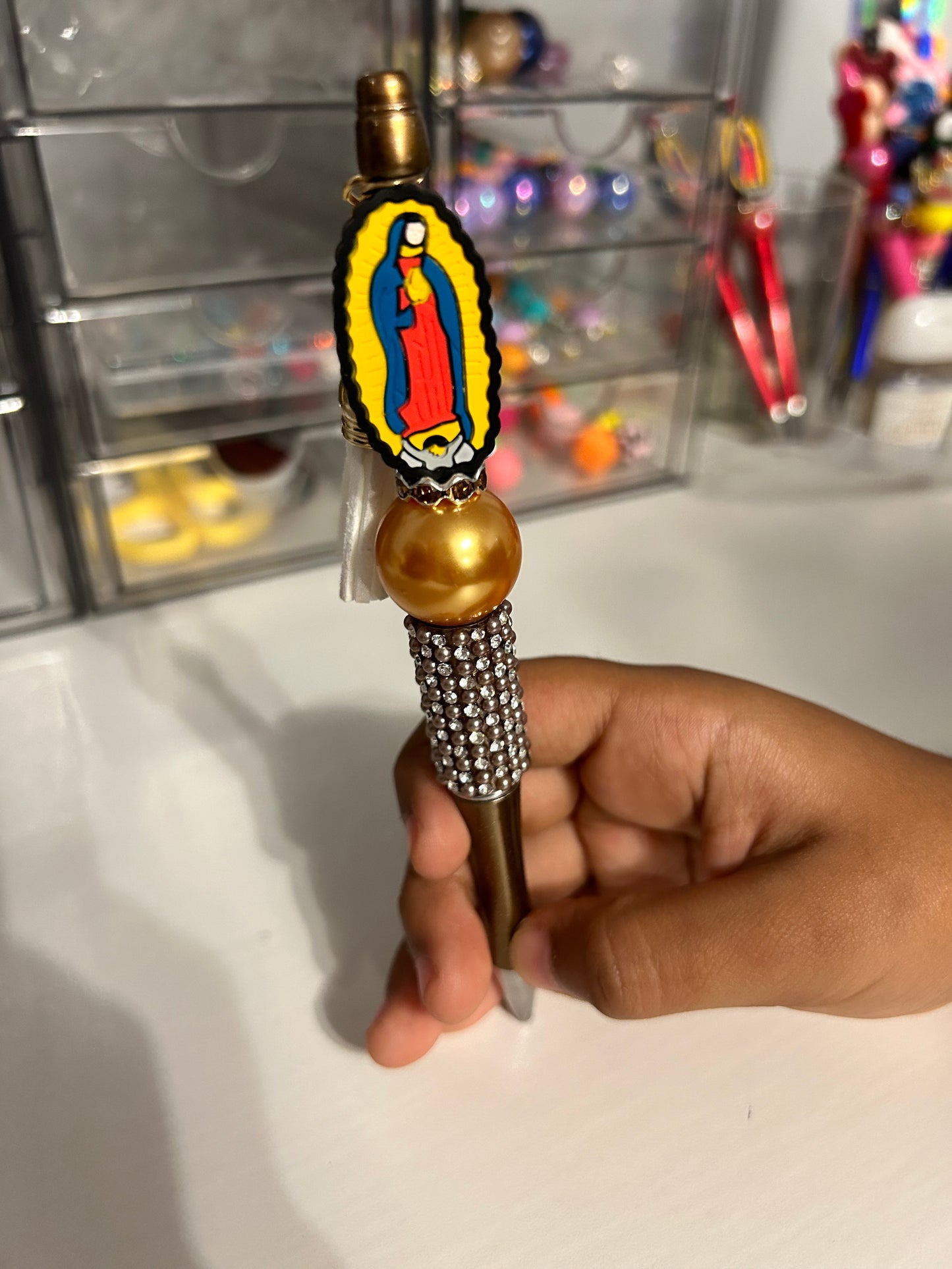Gold rhinestone Virgen de Guadalupe pen